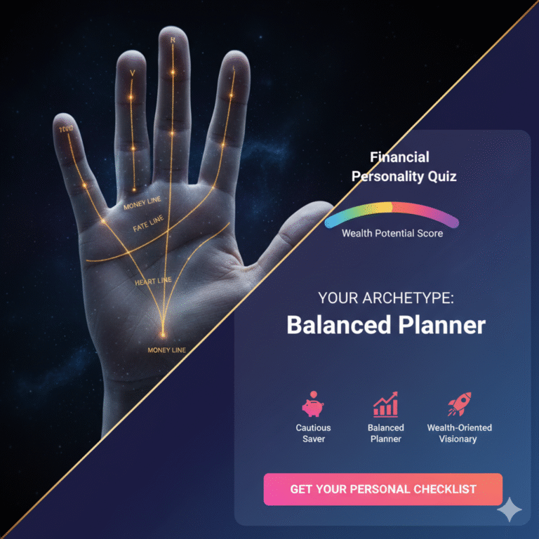 Graphic for a Money Line Analyzer. It shows a hand with palmistry lines on one side and a 'Balanced Planner' result with a financial personality quiz on the other.